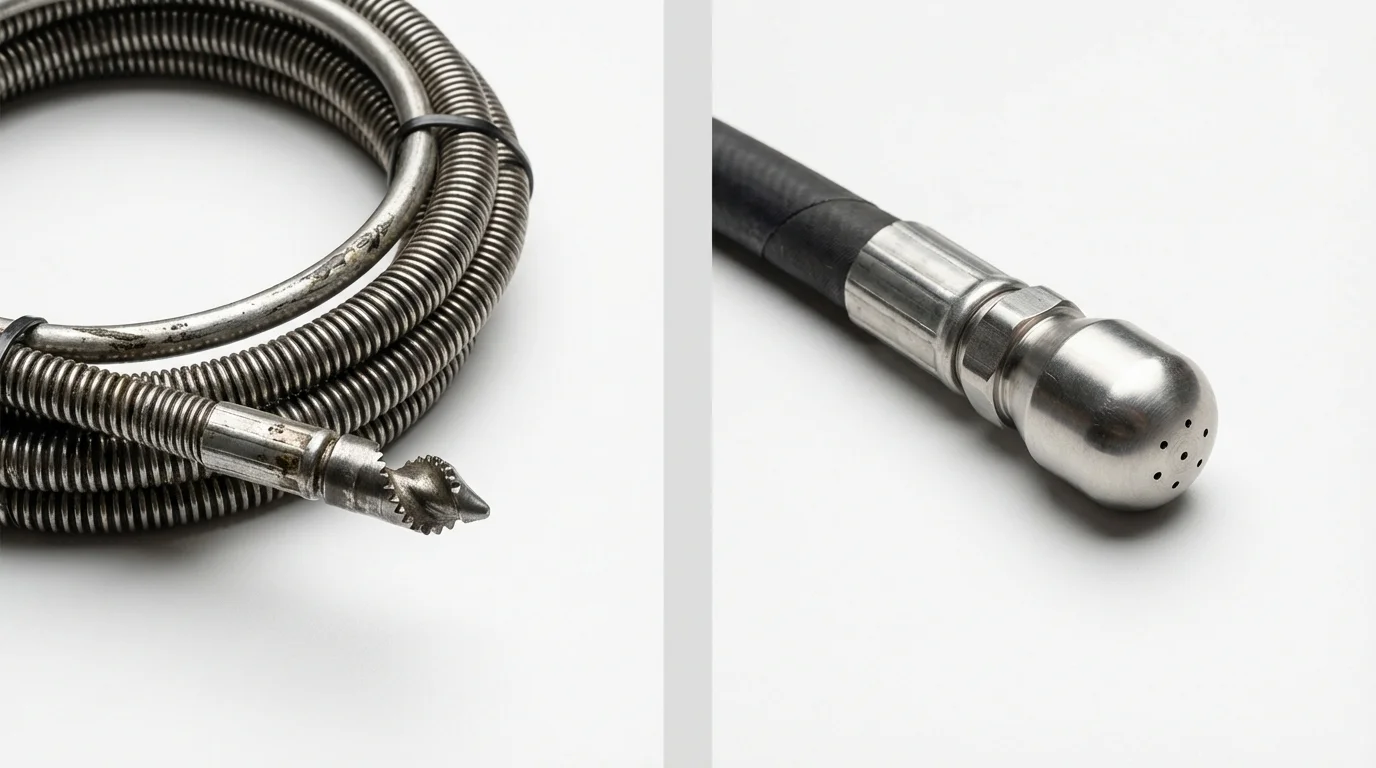 Drain snake cable and hydro jetting nozzle used for drain cleaning in Lowell, MA