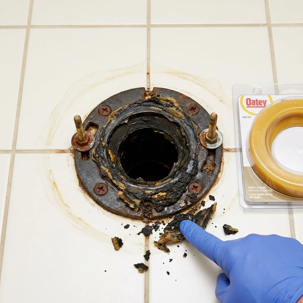 Failed wax ring showing water seepage at the base of a toilet in a Lowell, MA home