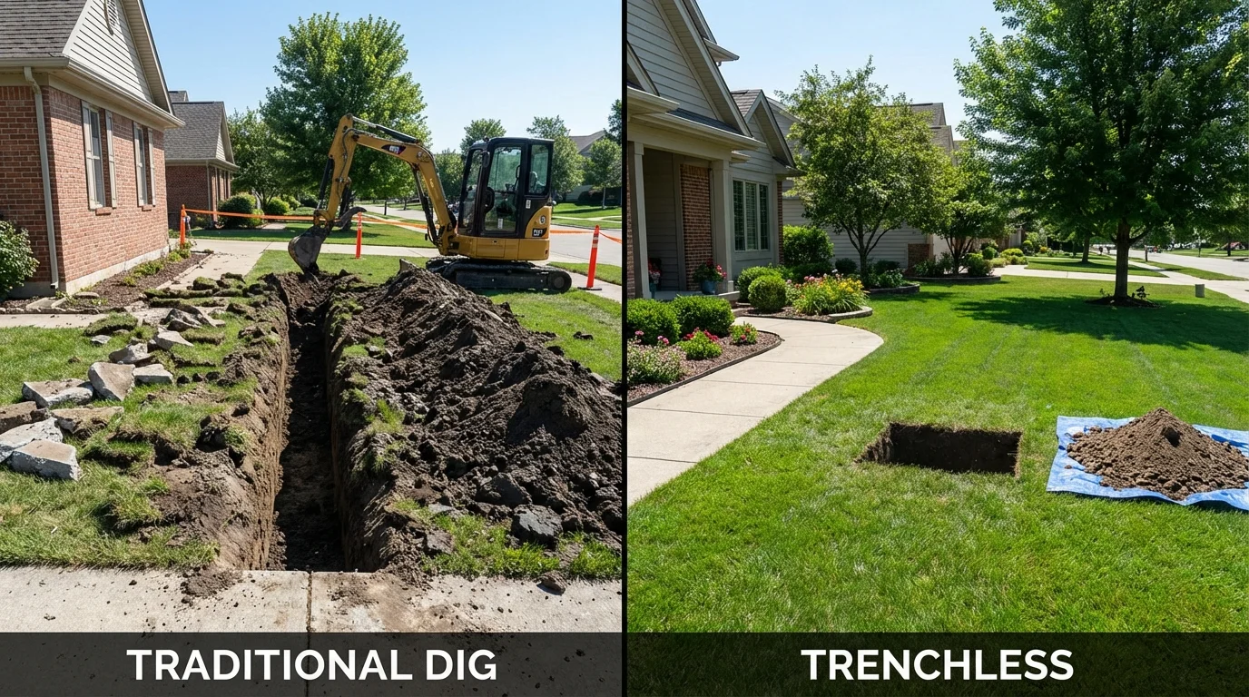 Trenchless sewer repair with minimal yard damage versus traditional excavation in Lowell, MA