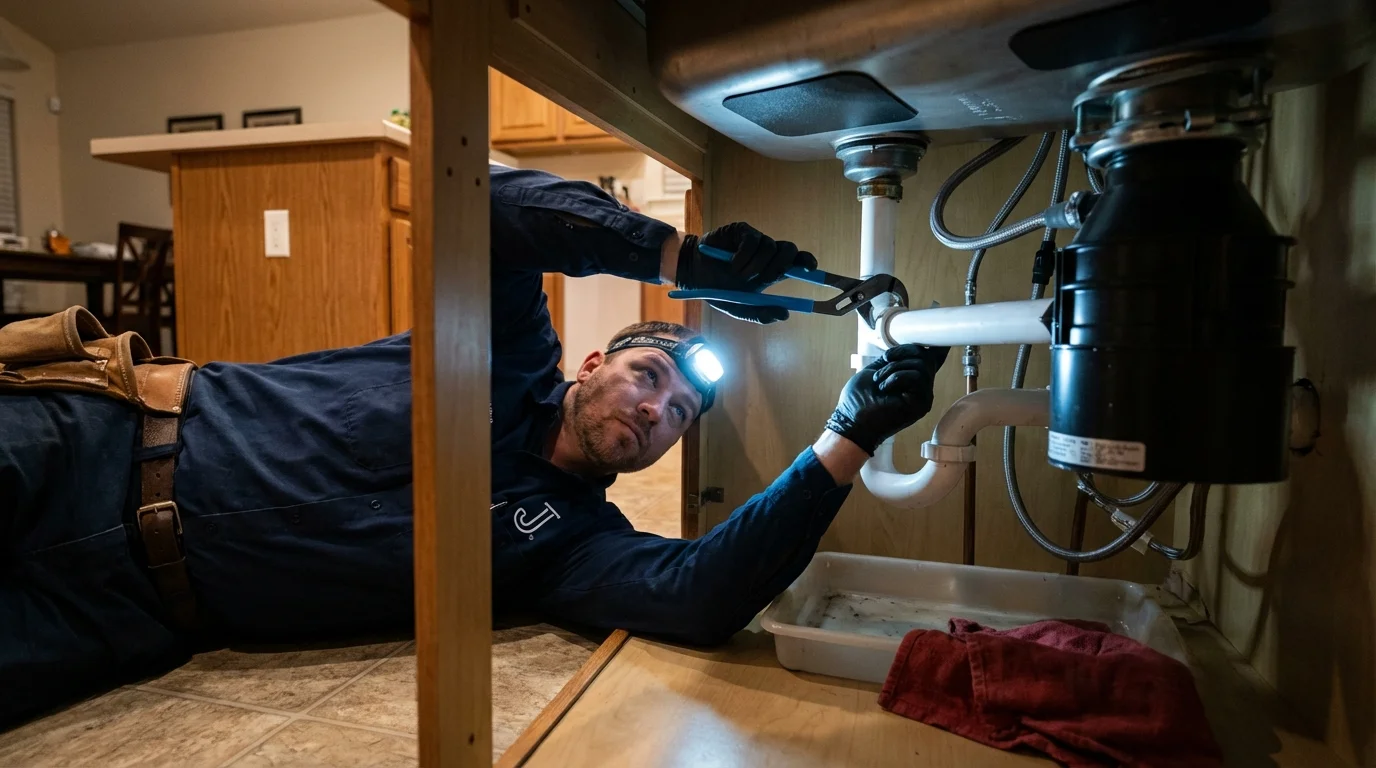 P-trap and supply line connections under a kitchen sink showing a common leak point in Lowell, MA